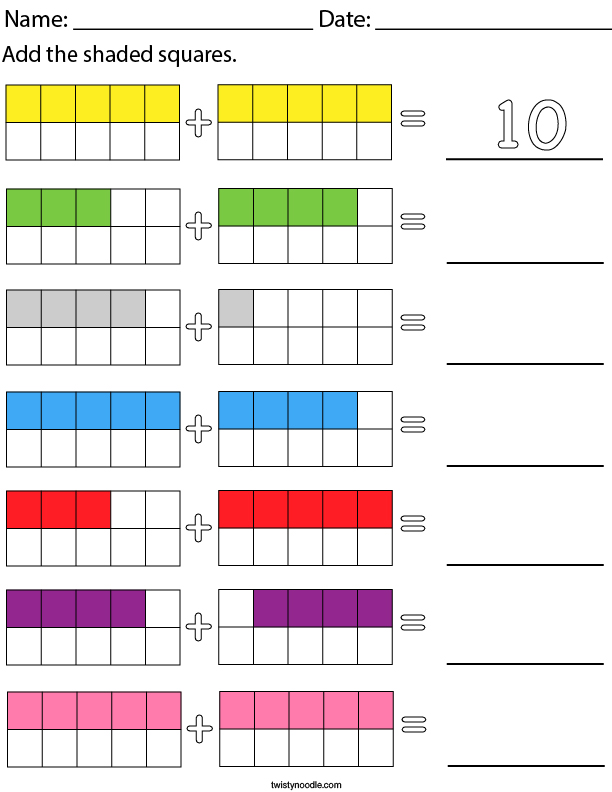 Addition with 10 frames up to 10 math worksheet twisty noodle